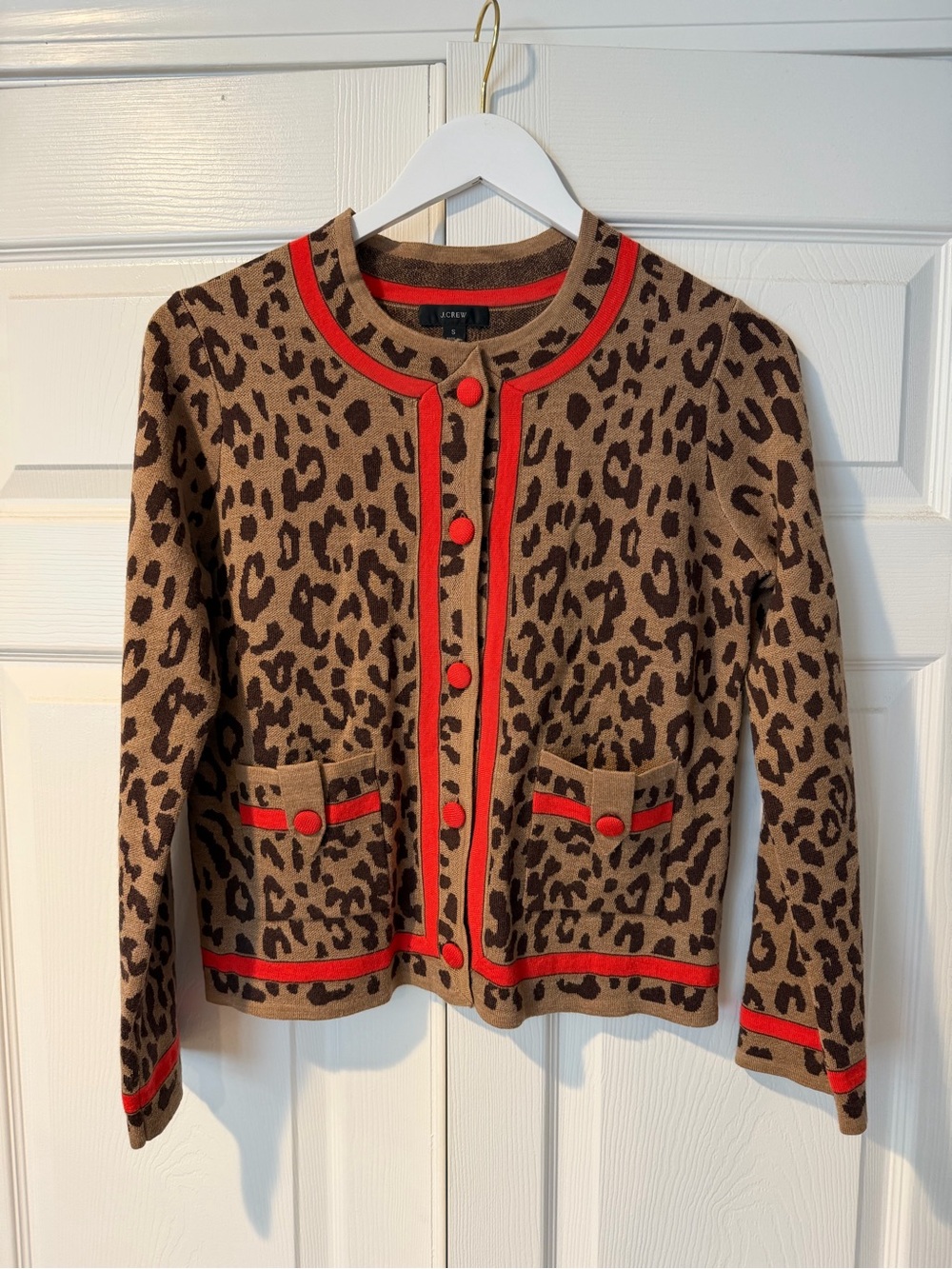 J. Crew Leopard Print Cardigan Jacket in Brown with Red/Orange Trim